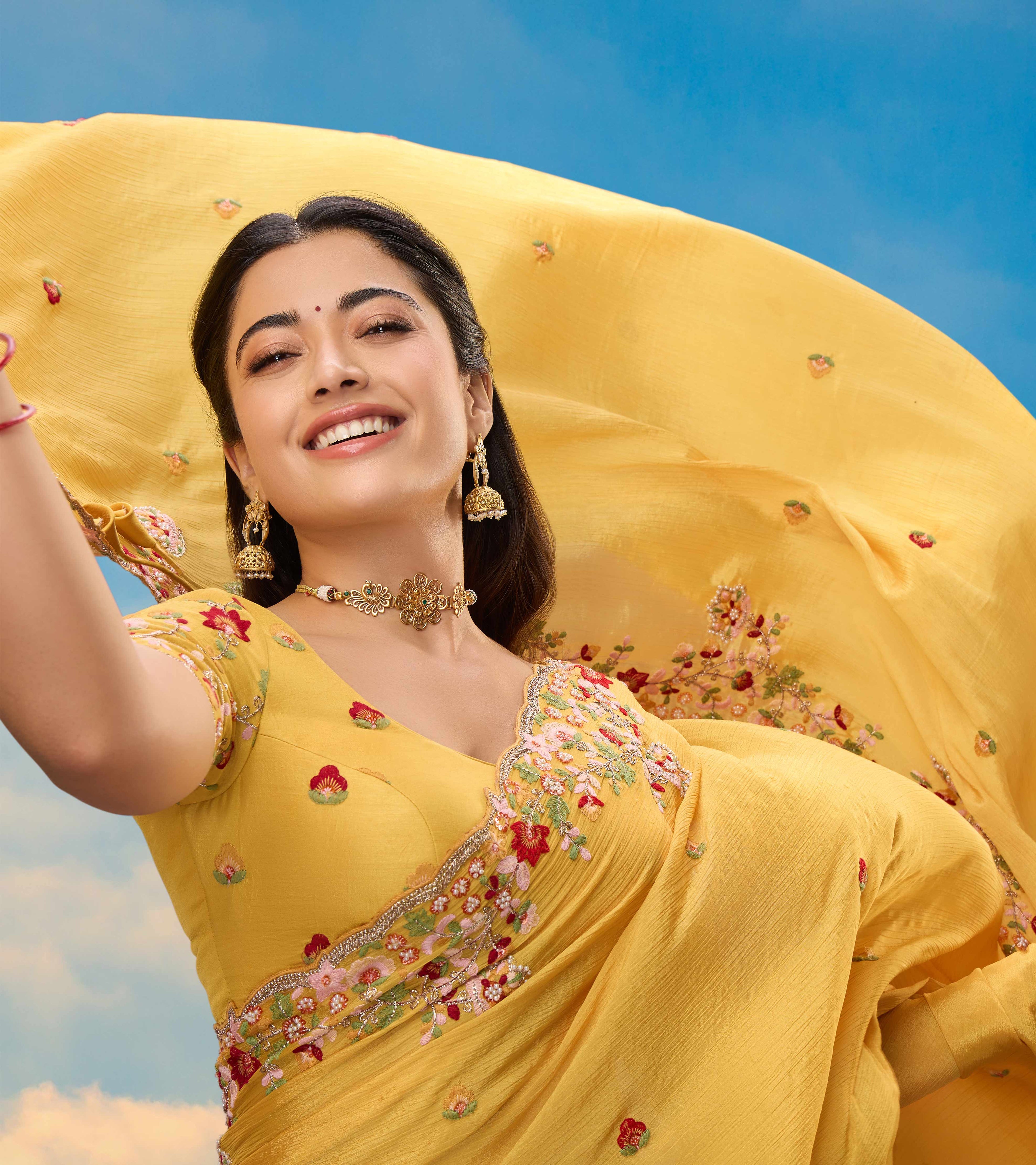 Rashmika for Laxmipati Floral Embroidered Silk Saree in Yellow Color with Unstitched Blouse
