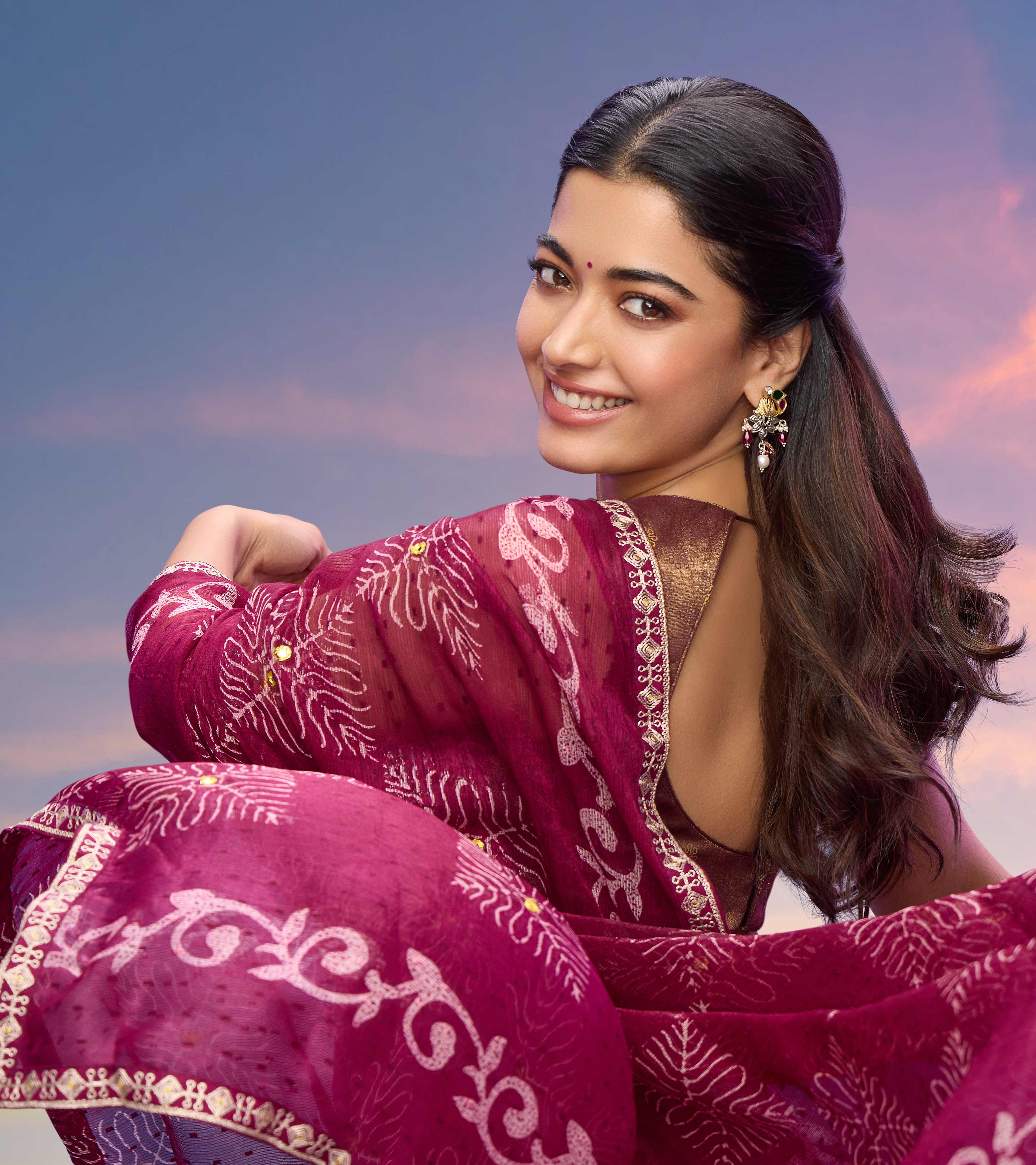 Rashmika for Laxmipati Floral Printed Chiffon Saree in Wine Color with Unstitched Blouse