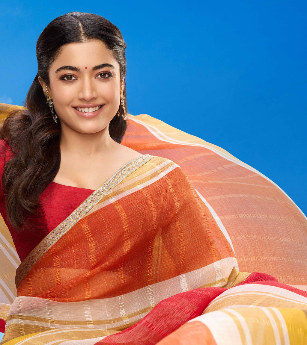 Rashmika for Laxmipati Striped Printed Chiffon Saree in Multicolor with Unstitched Blouse.