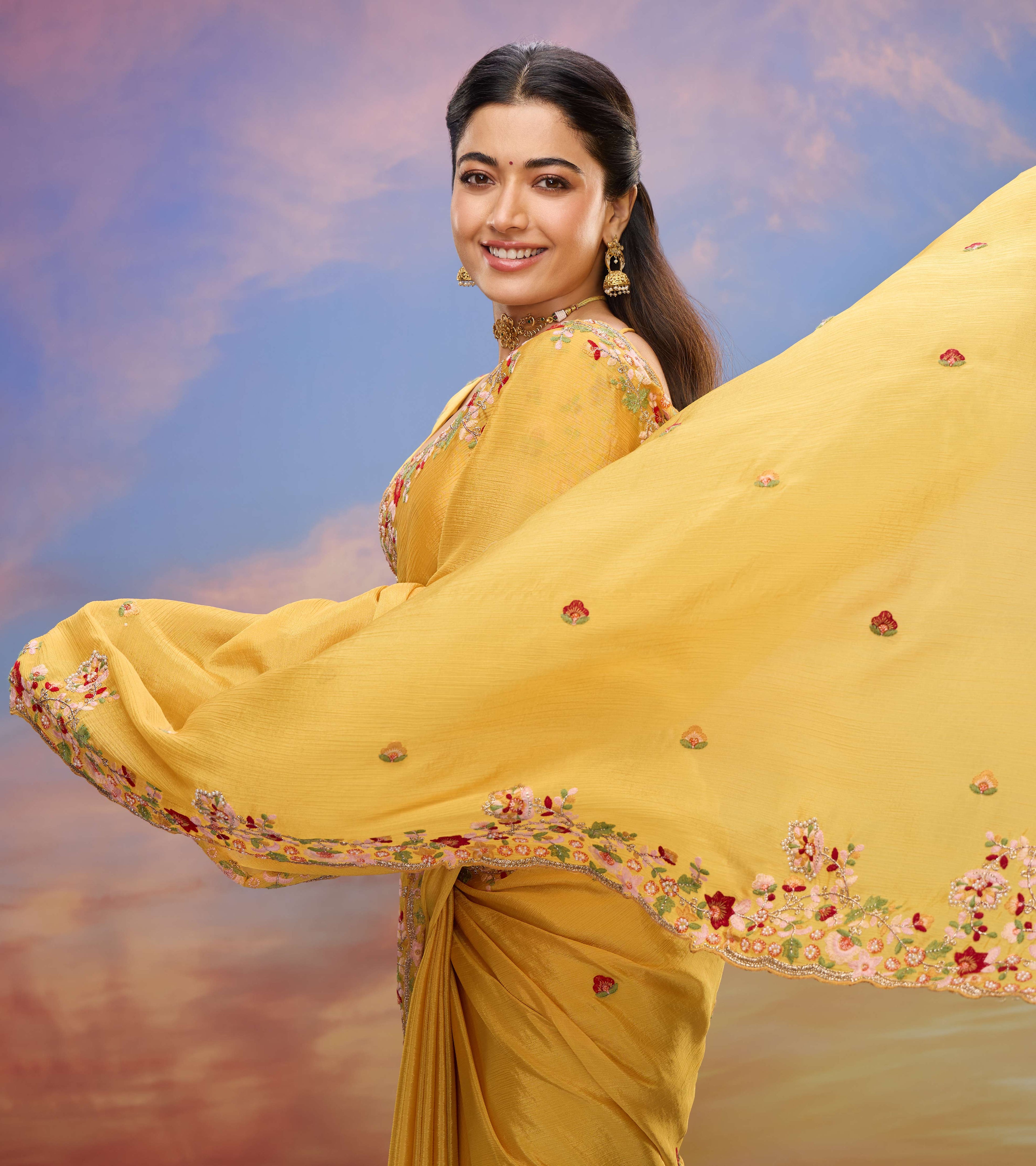 Rashmika for Laxmipati Floral Embroidered Silk Saree in Yellow Color with Unstitched Blouse