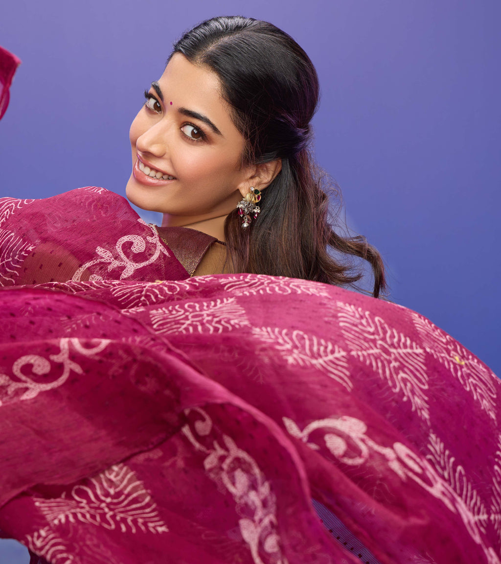 Rashmika for Laxmipati Floral Printed Chiffon Saree in Wine Color with Unstitched Blouse