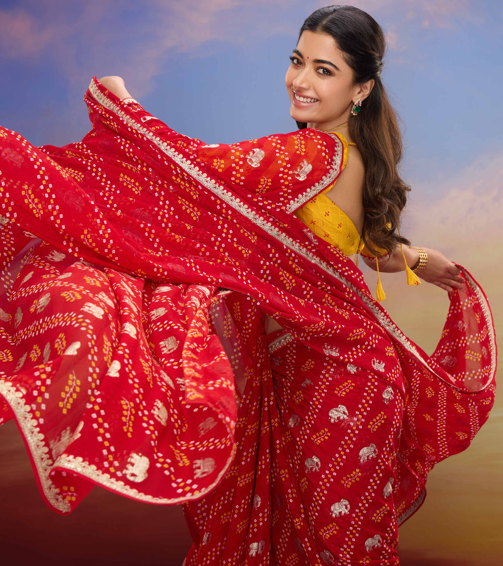 Rashmika for Laxmipati Bandhani Printed Georgette Saree in Red Color with Unstitched Blouse