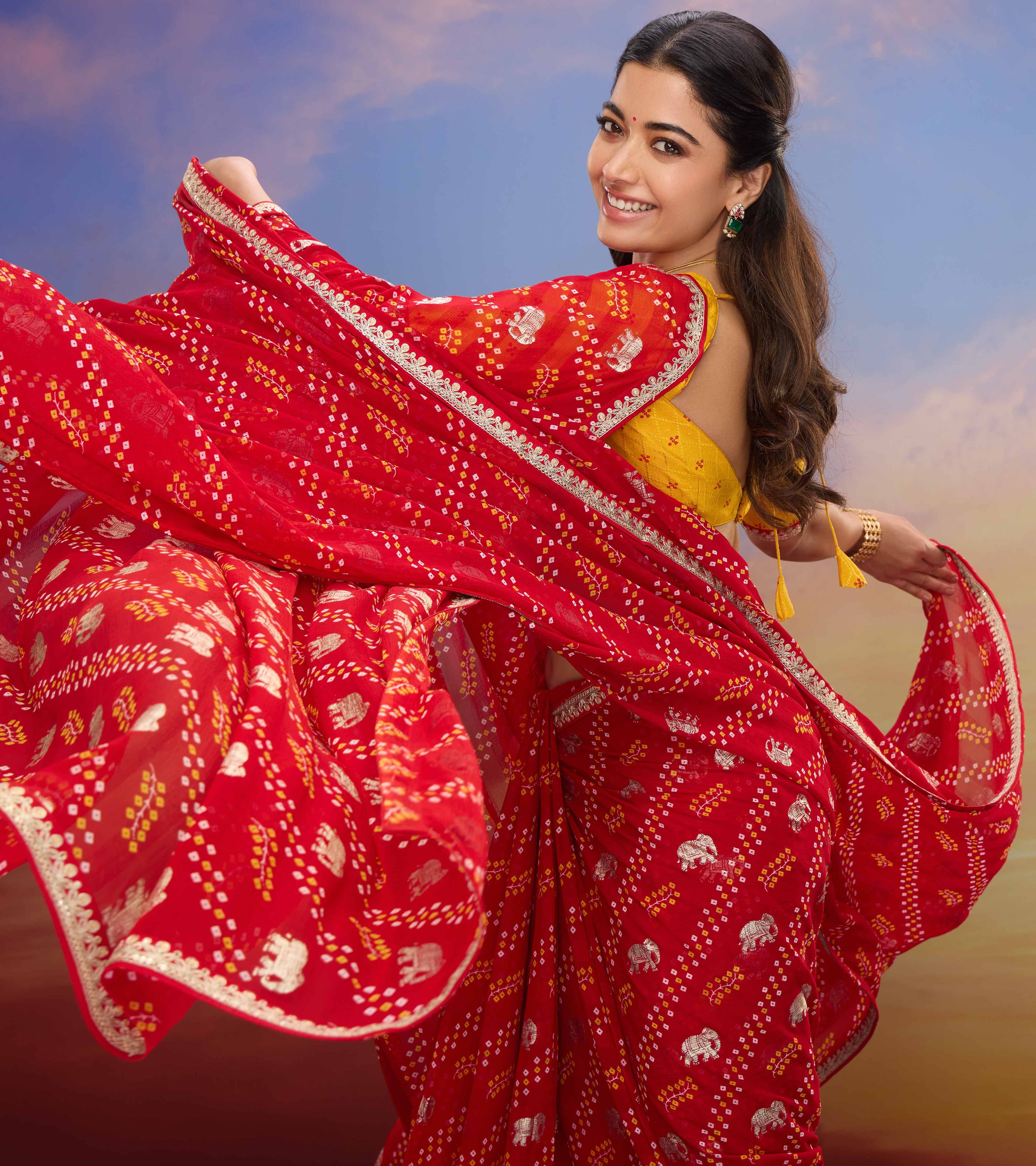Rashmika for Laxmipati Bandhani Printed Georgette Saree in Red Color with Unstitched Blouse