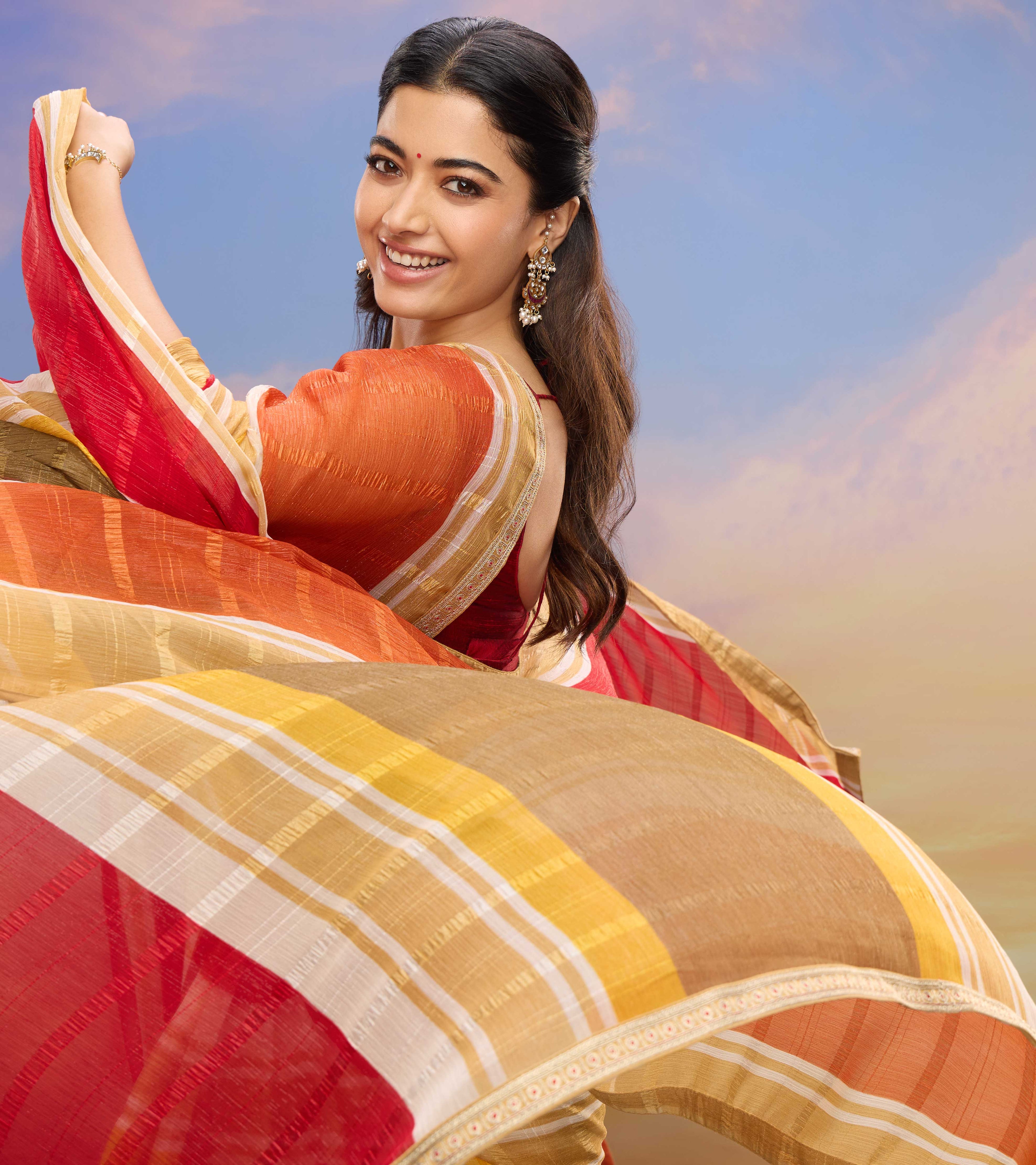 Rashmika for Laxmipati Striped Printed Chiffon Saree in Multicolor with Unstitched Blouse.