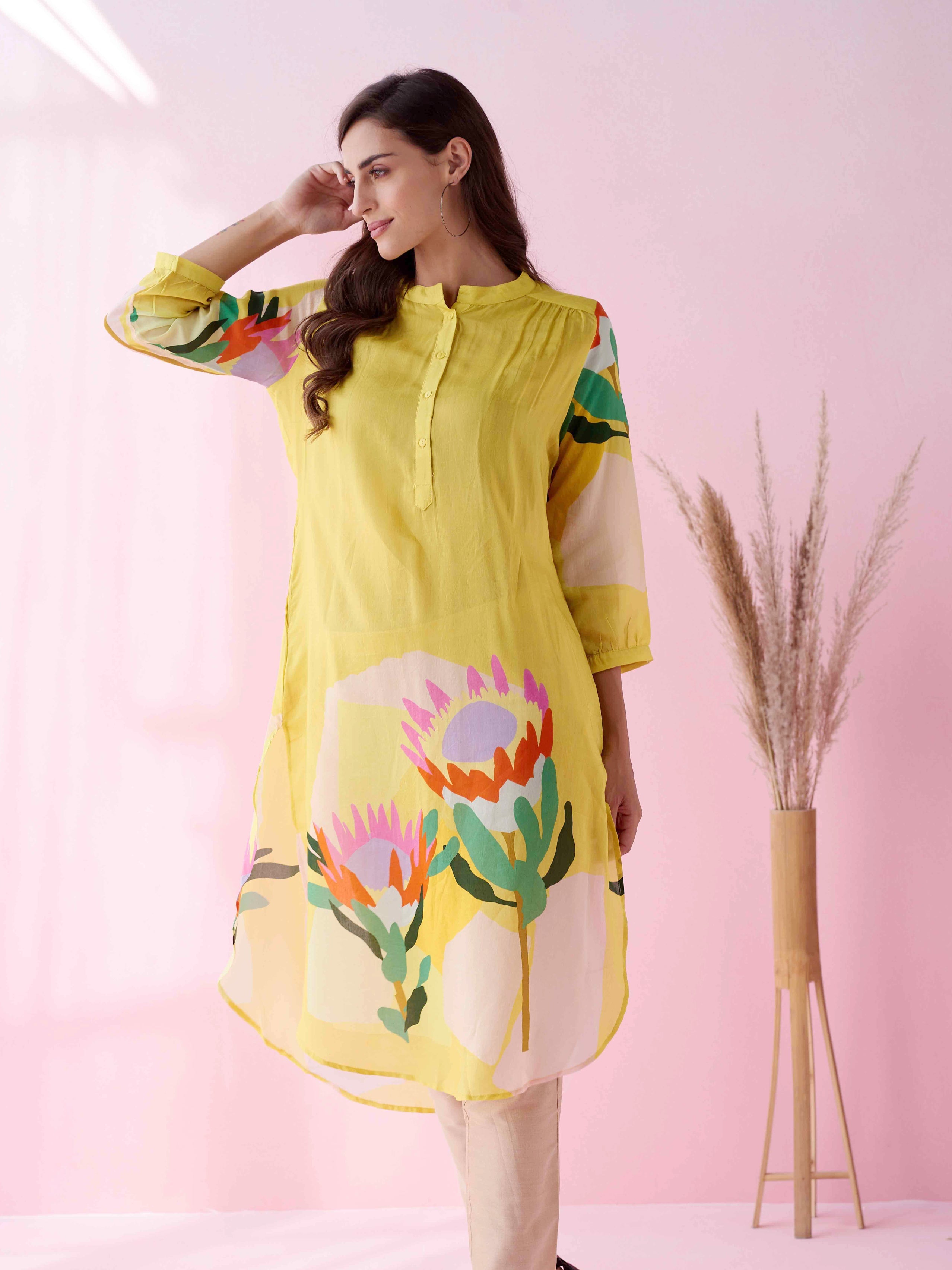Yellow Paradise Gathered Tunic