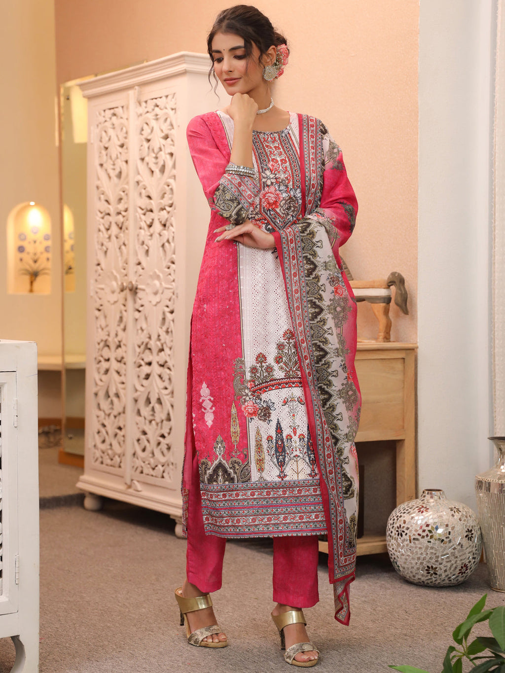 Women Ethnic Motifs Printed Regular Pure Cotton Kurta with Trousers & With Dupatta