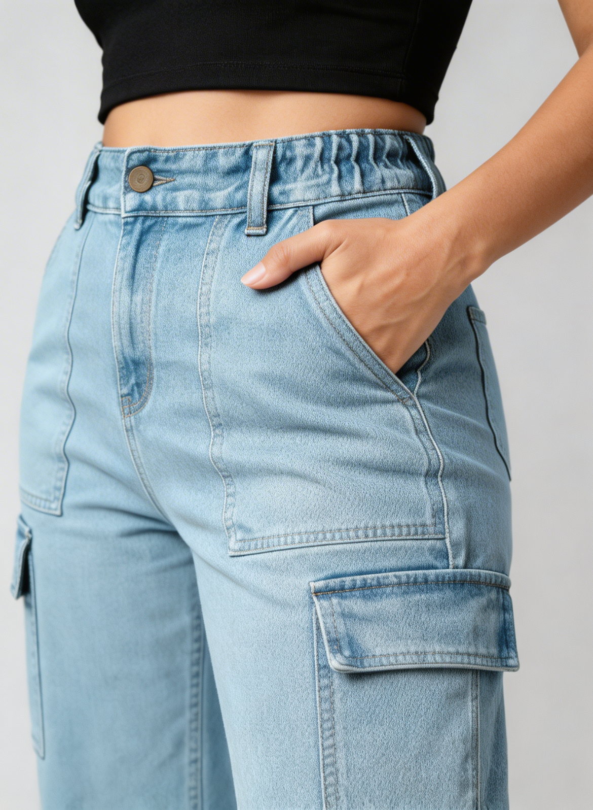 Women's Light Blue Relaxed Fit Cargo Jeans