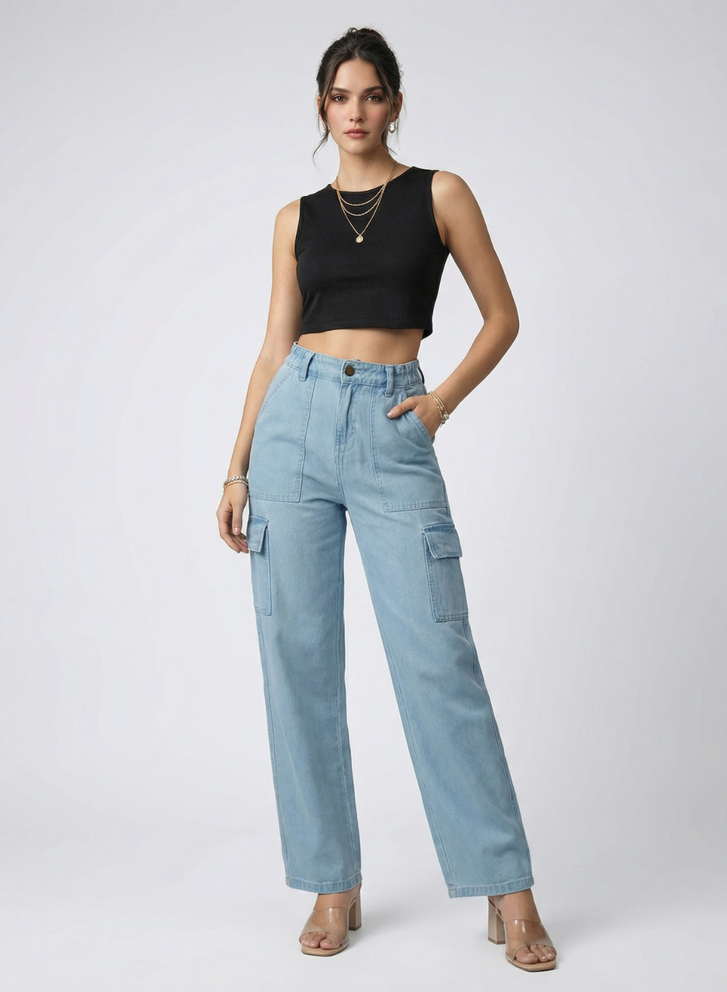 Women's Light Blue Relaxed Fit Cargo Jeans