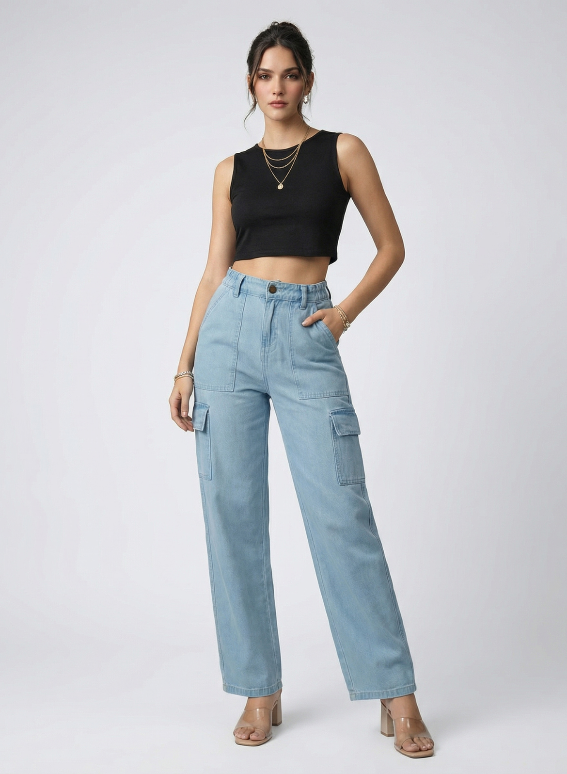 Women's Light Blue Relaxed Fit Cargo Jeans