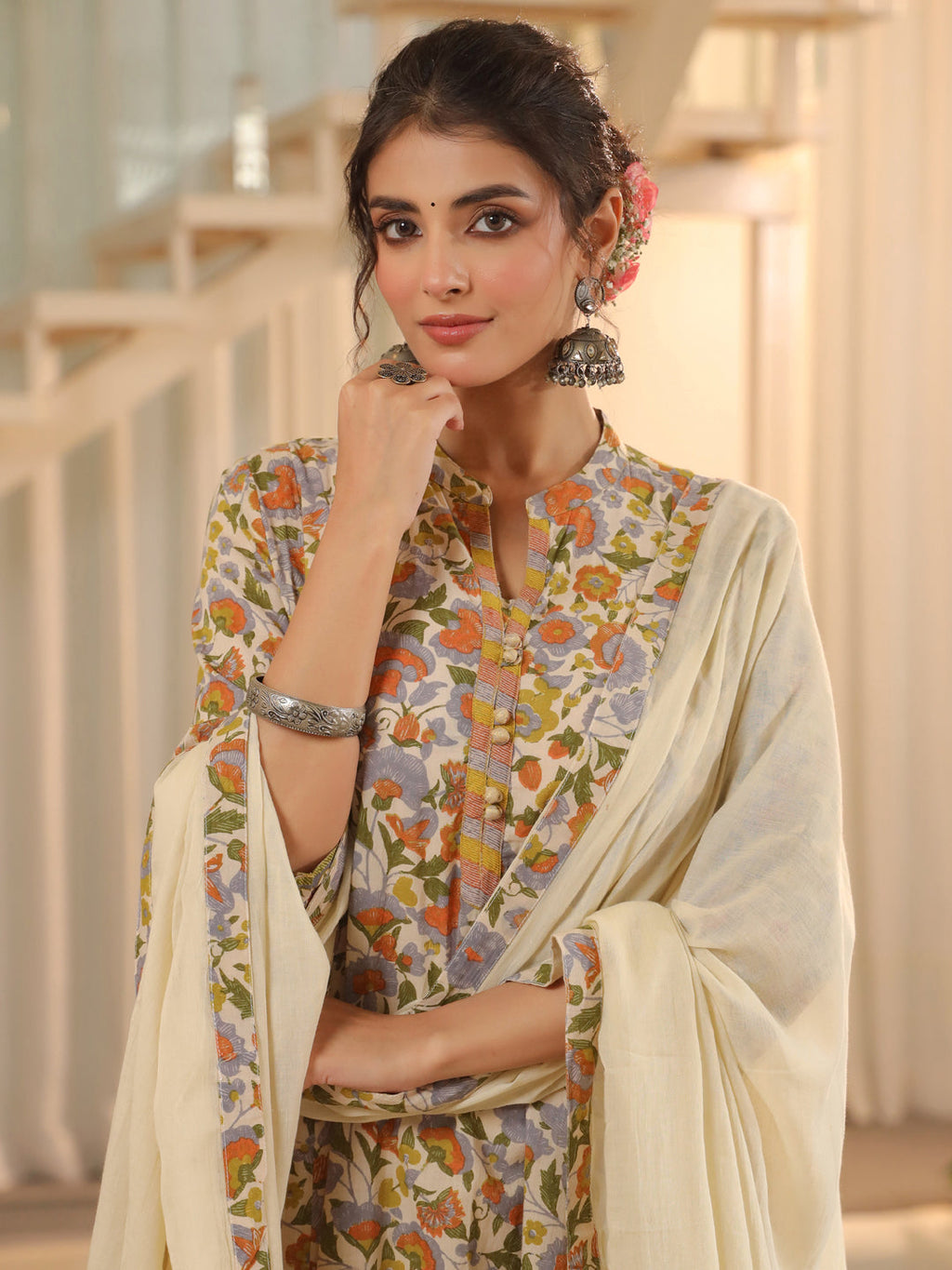 Women Floral Printed Regular Pure Cotton Kurta with Trousers & With Dupatta
