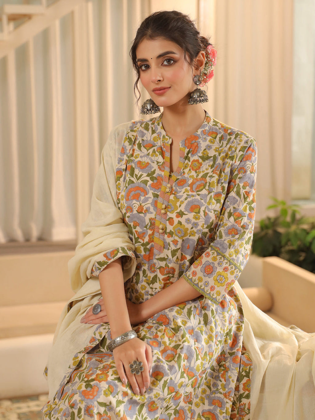Women Floral Printed Regular Pure Cotton Kurta with Trousers & With Dupatta