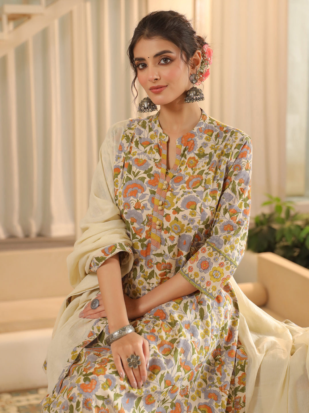 Women Floral Printed Regular Pure Cotton Kurta with Trousers & With Dupatta