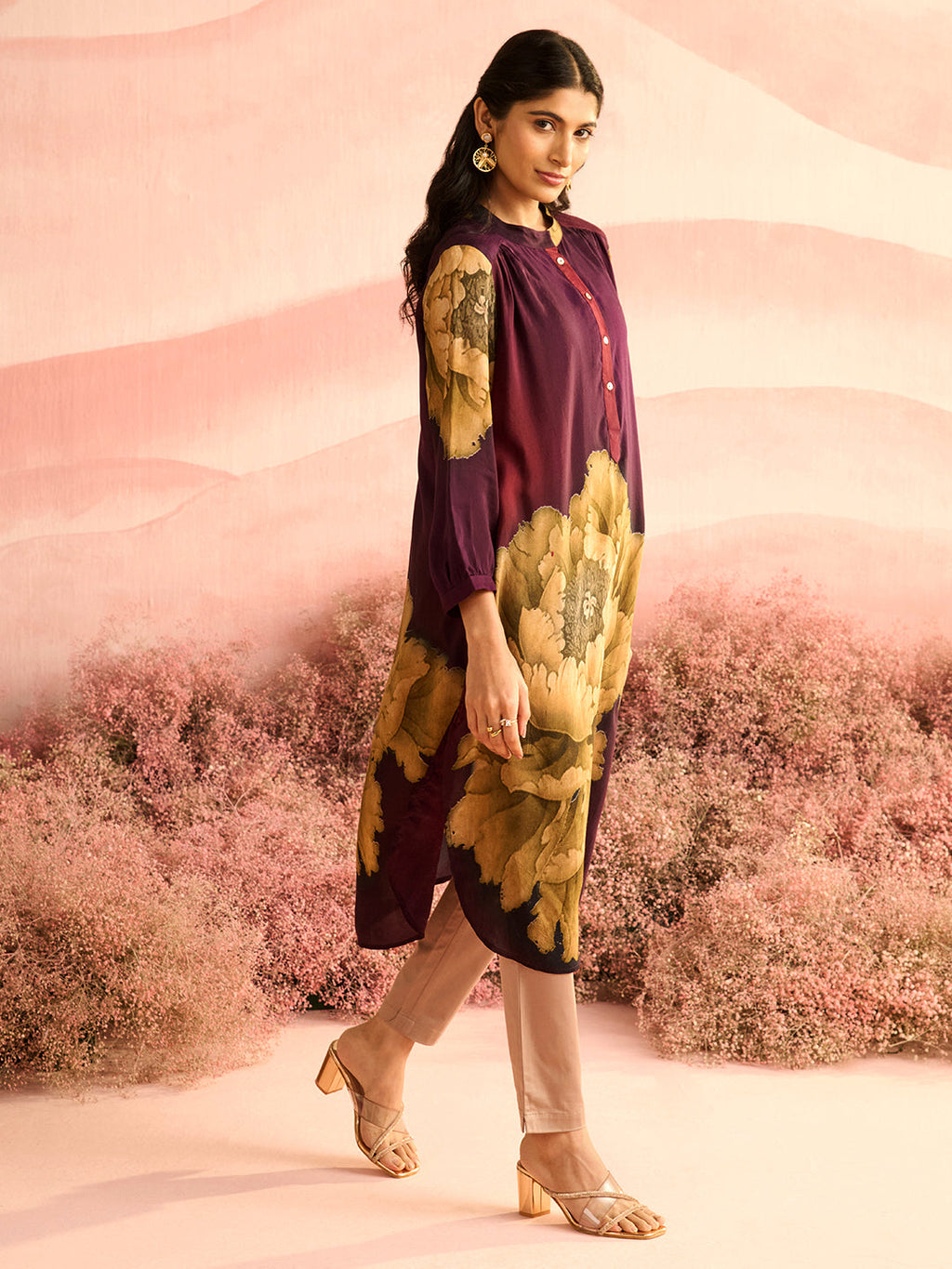 PURPLE FLORA GATHERED TUNIC
