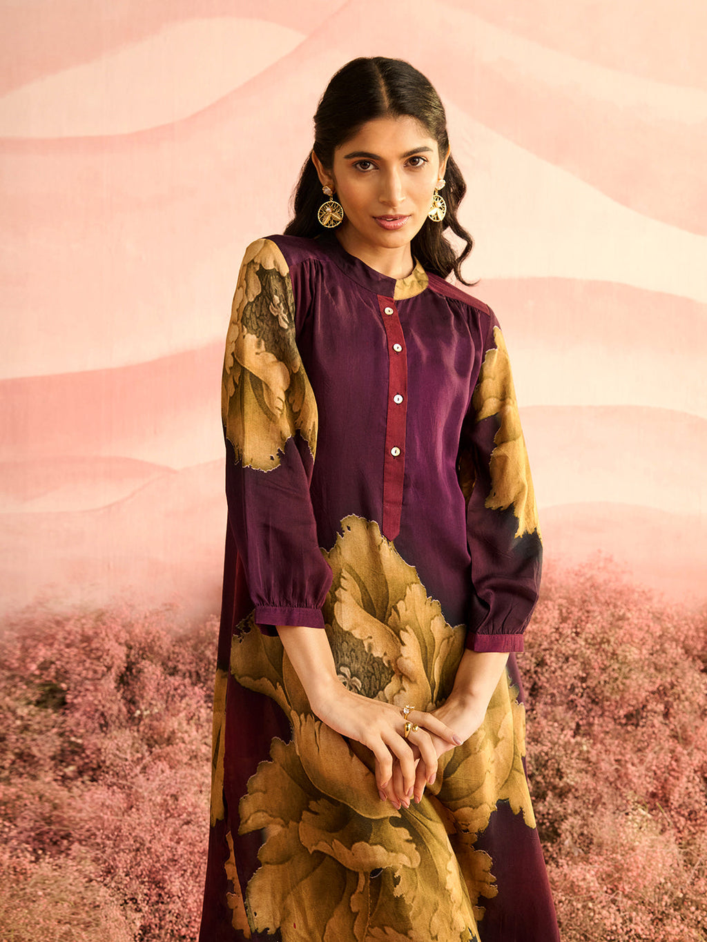 PURPLE FLORA GATHERED TUNIC
