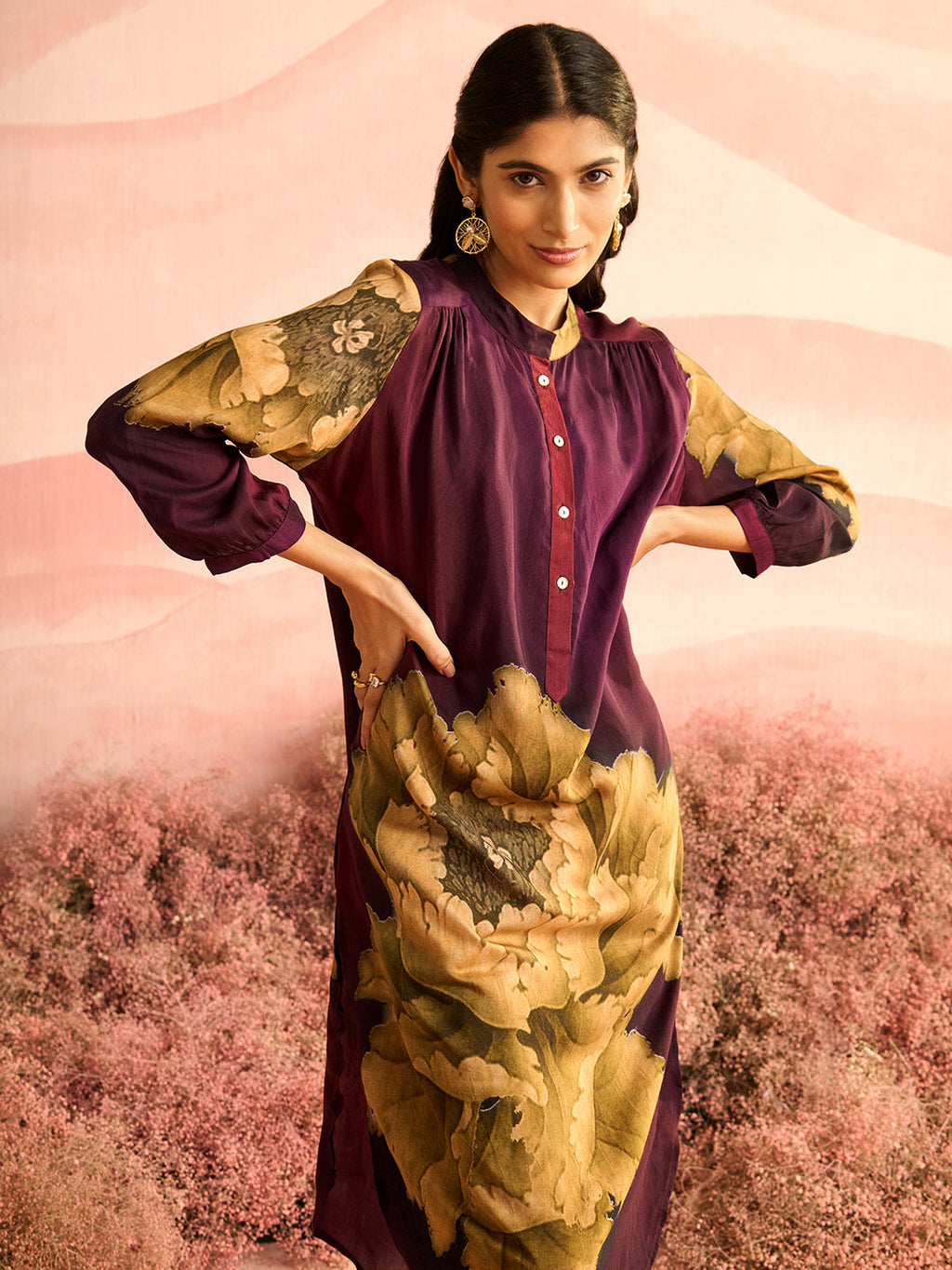 PURPLE FLORA GATHERED TUNIC