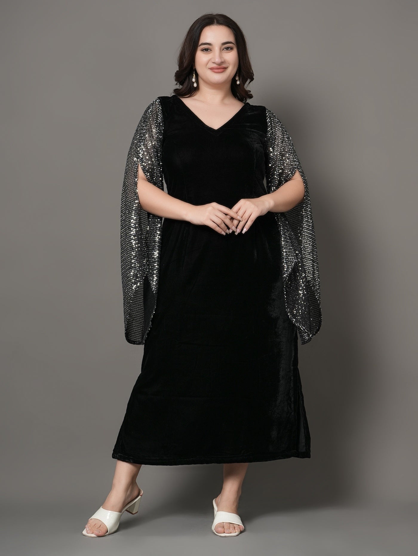 Black Velvet Cape Sleeve Party Dress