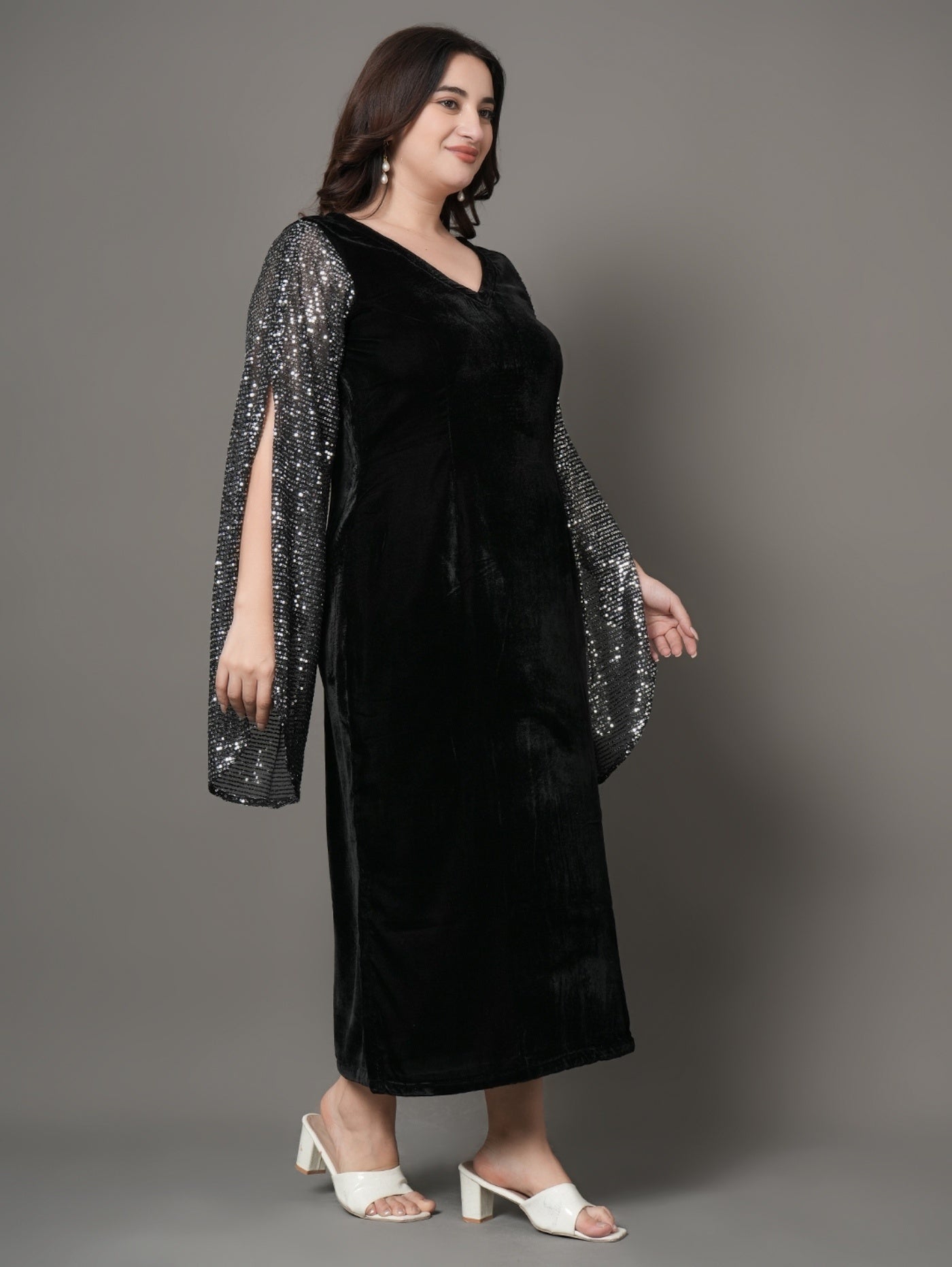 Black Velvet Cape Sleeve Party Dress