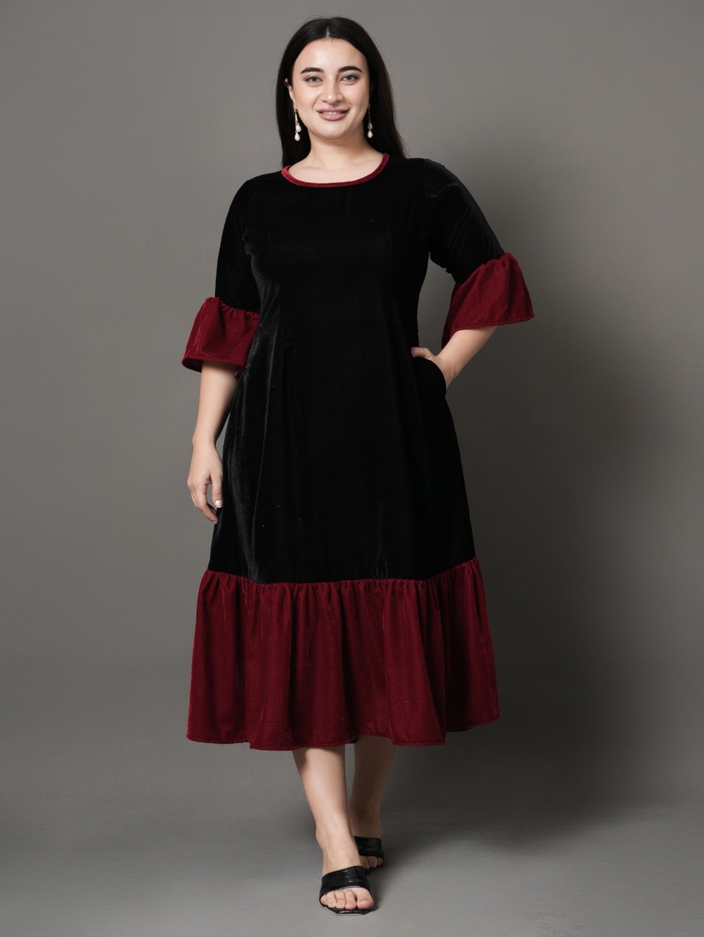 Regal Contrast Velvet Party Dress