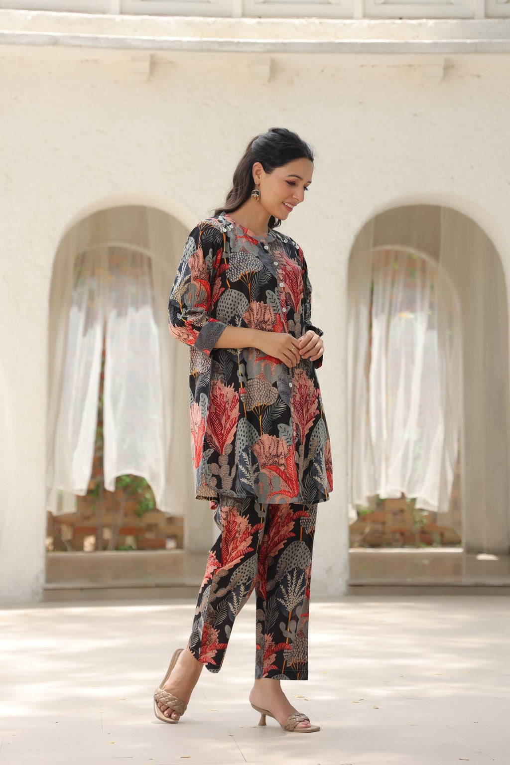 Floral Printed Pure Cotton Tunic With Trousers