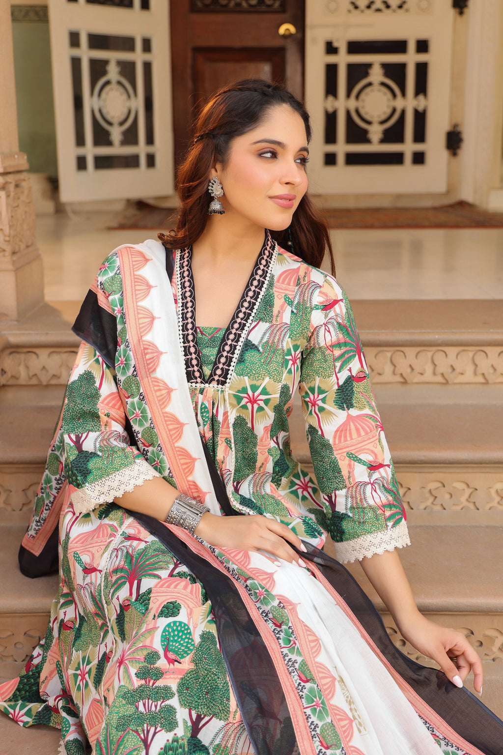 Women Floral Printed Cotton Anarkali Kurta with Trousers & Dupatta