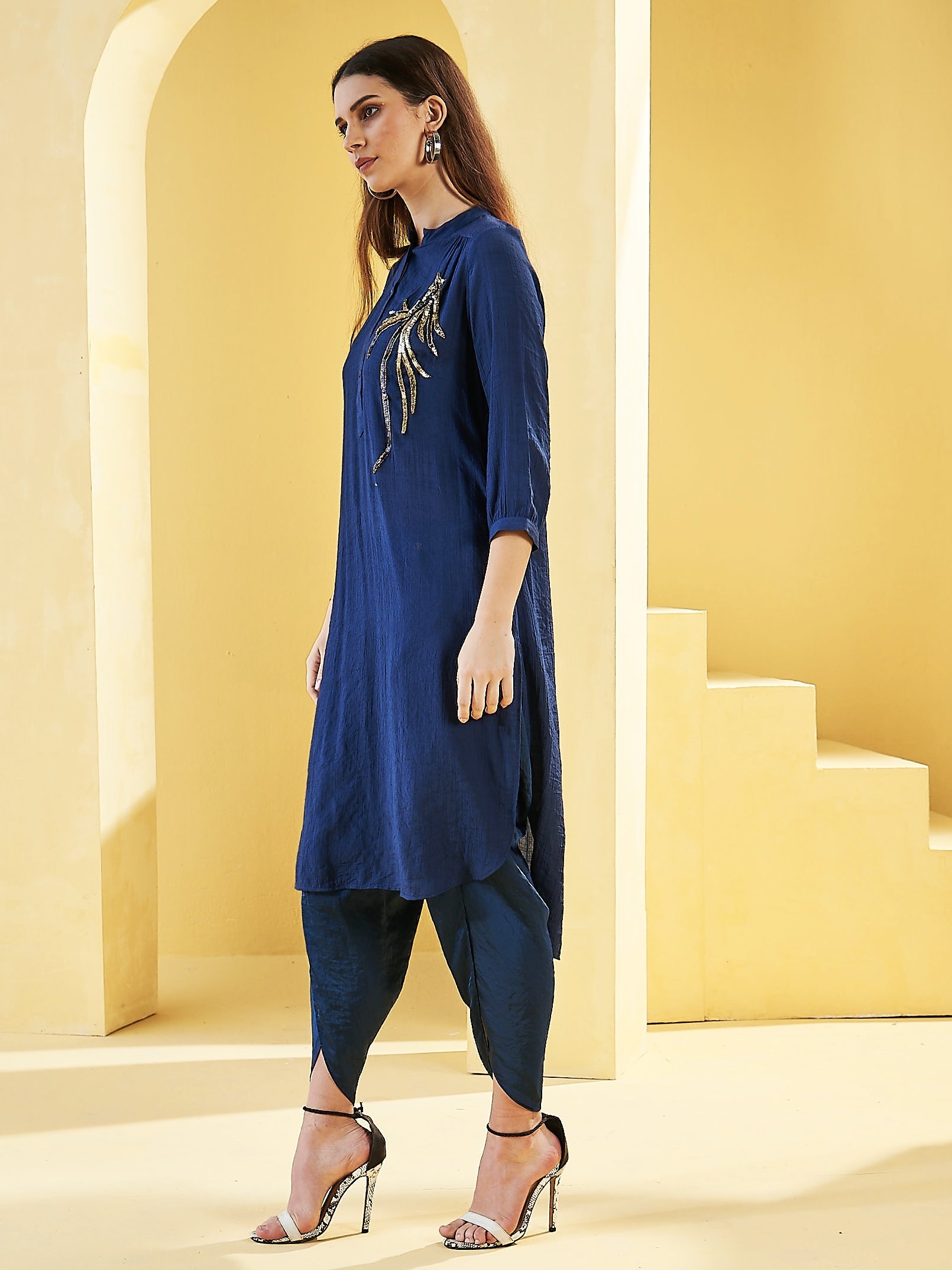 NAVY PEACOCK GATHERED TUNIC