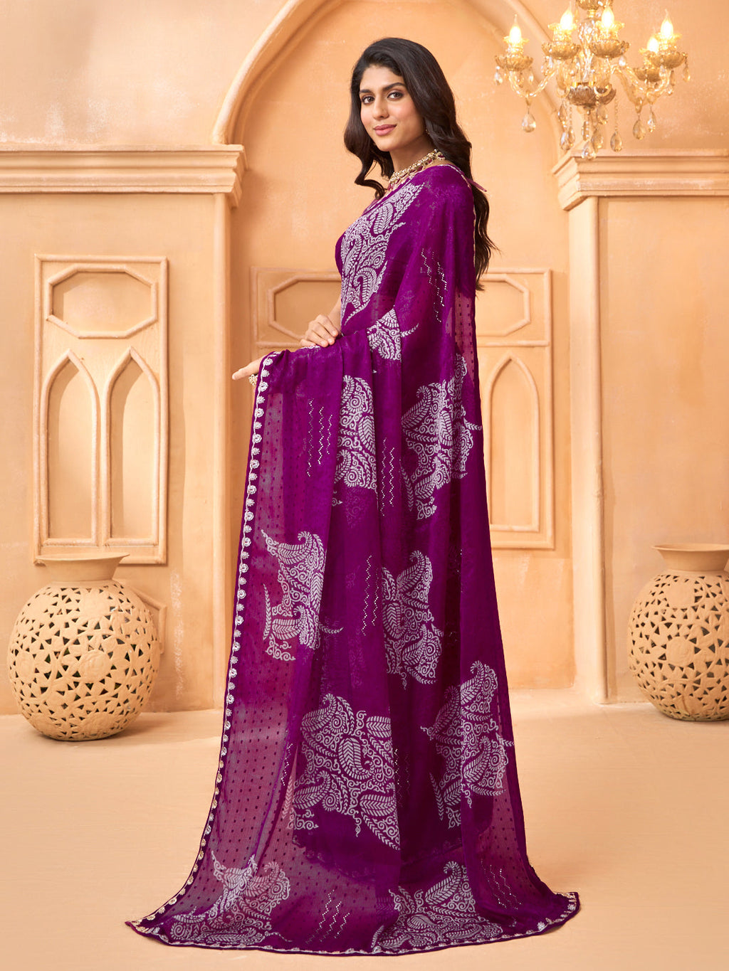 Laxmipati Tohfa Floral Printed Chiffon Saree in Purple Color