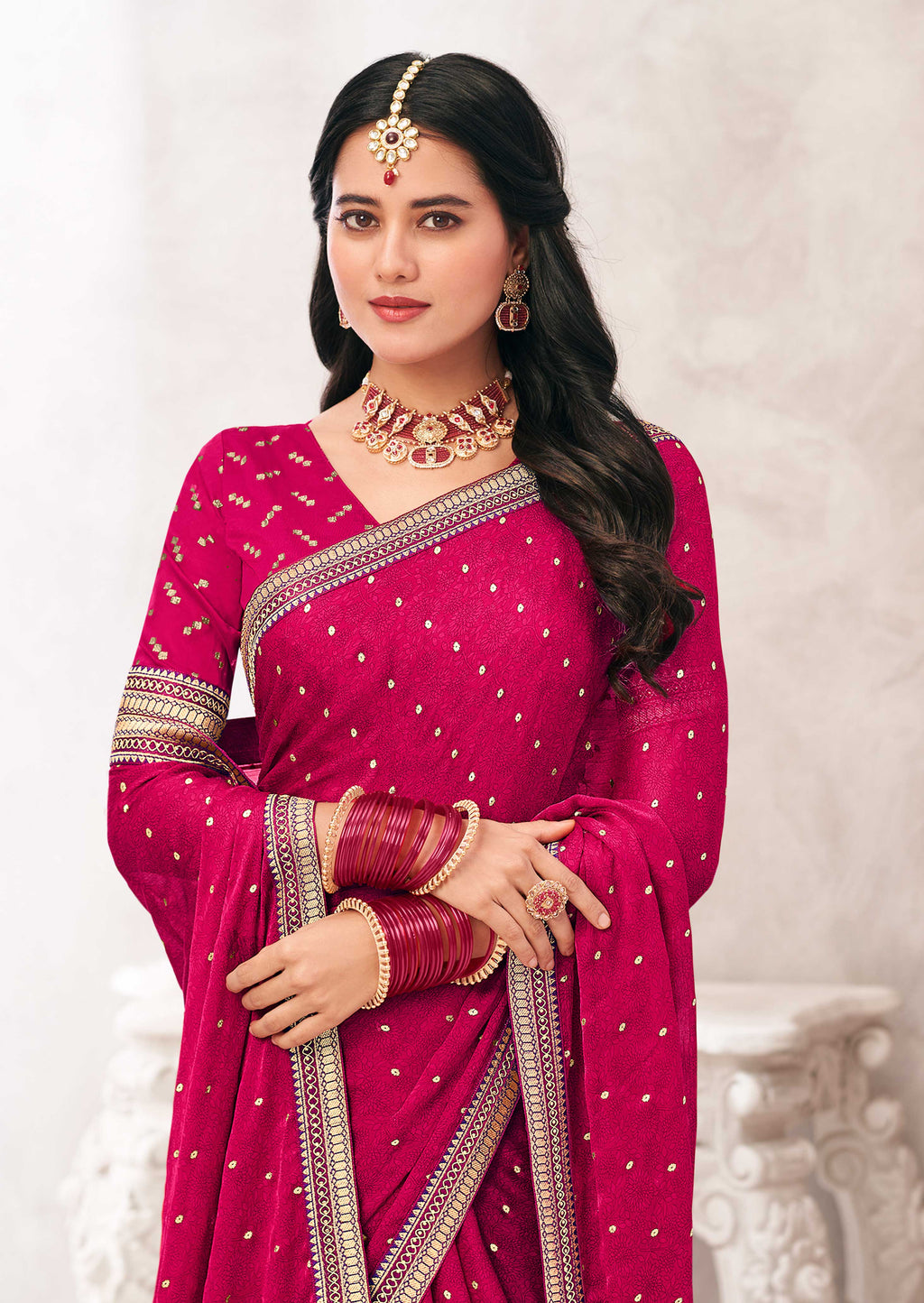 Pink Crepe Silk Saree with Foil Work - Chameli