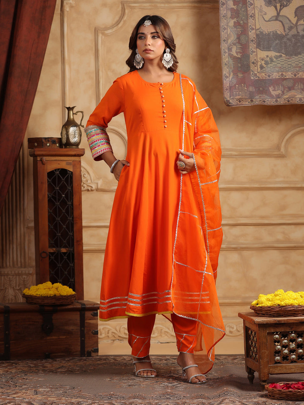 Women Regular Gotta Patti Anarkali Kurta With Trousers & Dupatta