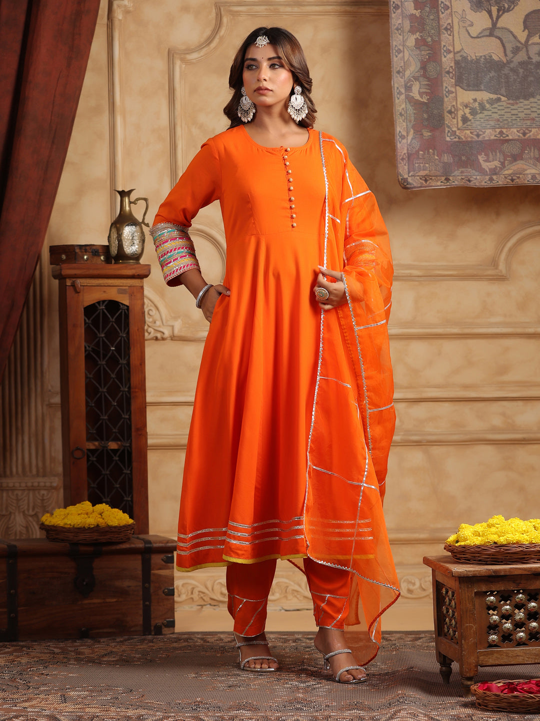 Women Regular Gotta Patti Anarkali Kurta With Trousers & Dupatta