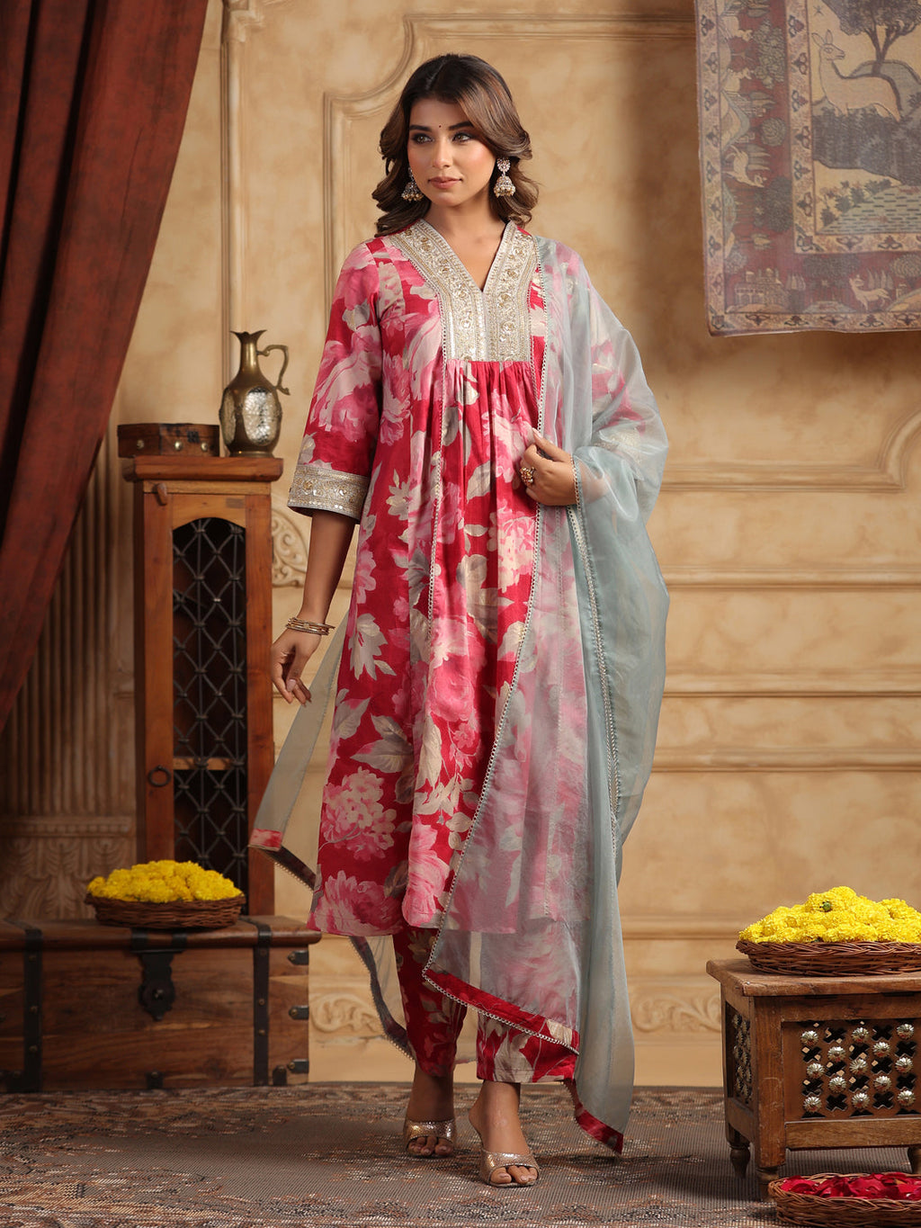 Floral Printed Sequinned Pure Cotton Anarkali Kurta with Trousers & Dupatta
