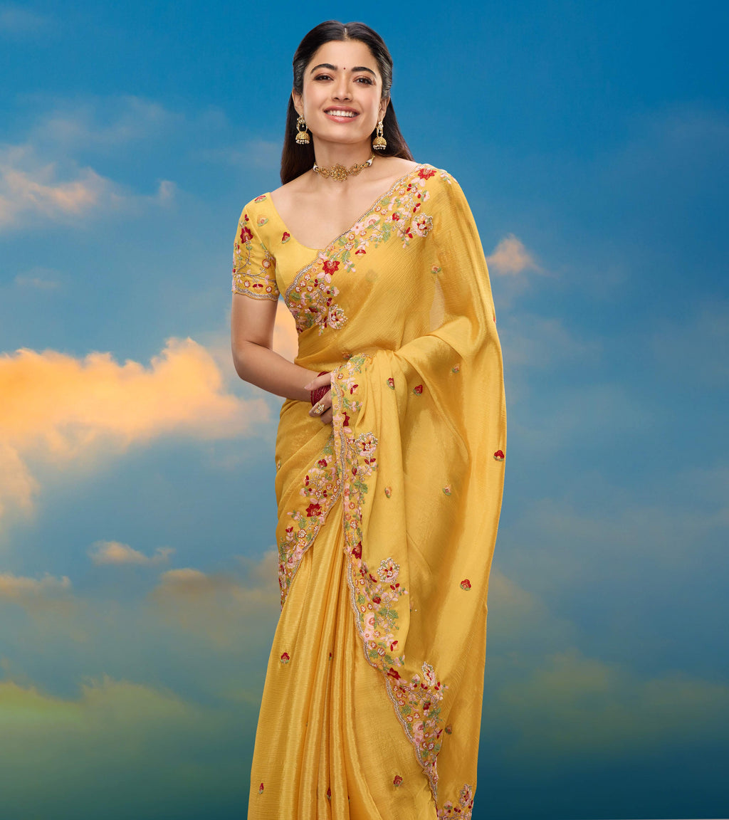 Rashmika for Laxmipati Floral Embroidered Silk Saree in Yellow Color with Unstitched Blouse