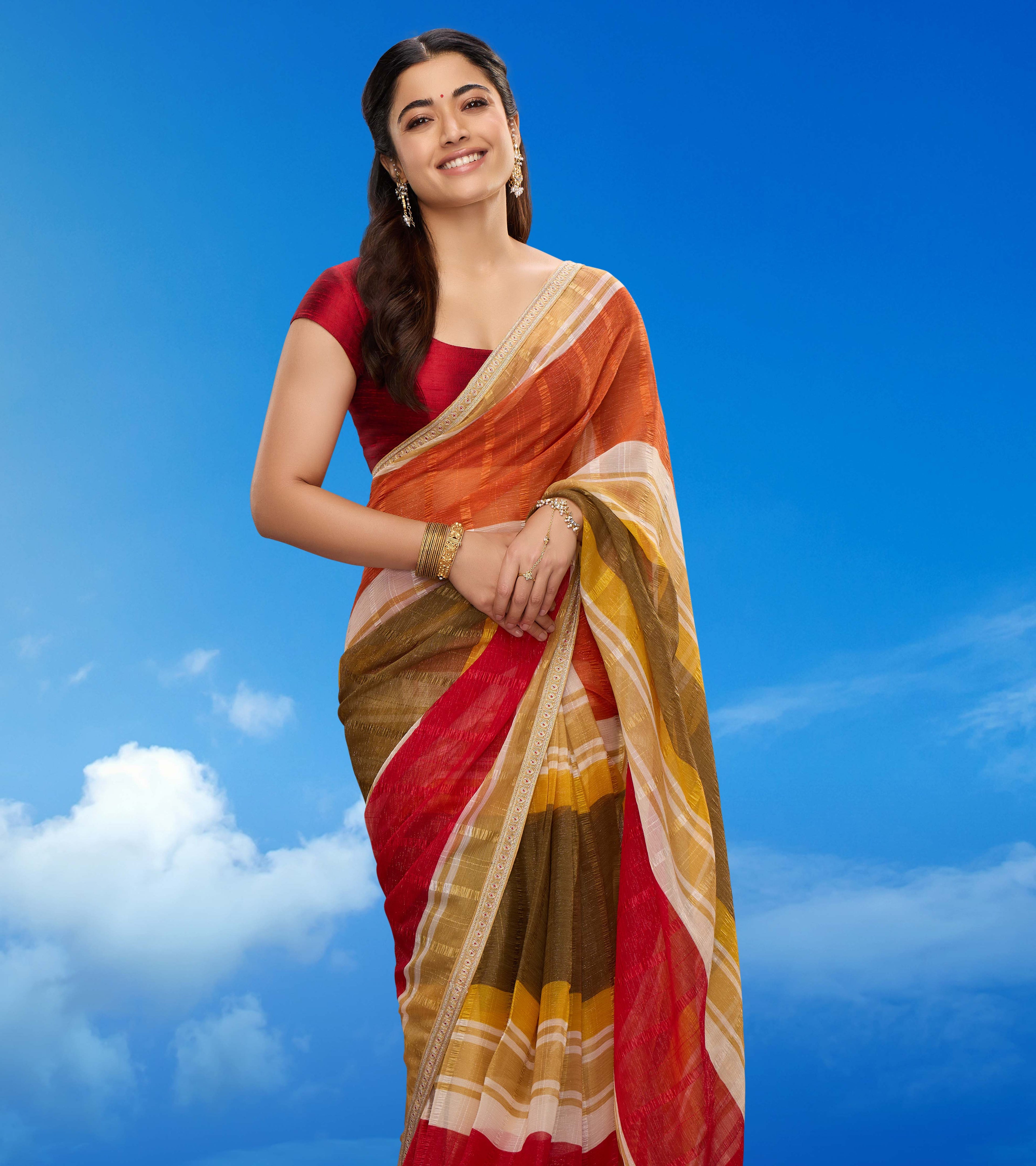 Rashmika for Laxmipati Striped Printed Chiffon Saree in Multicolor with Unstitched Blouse.