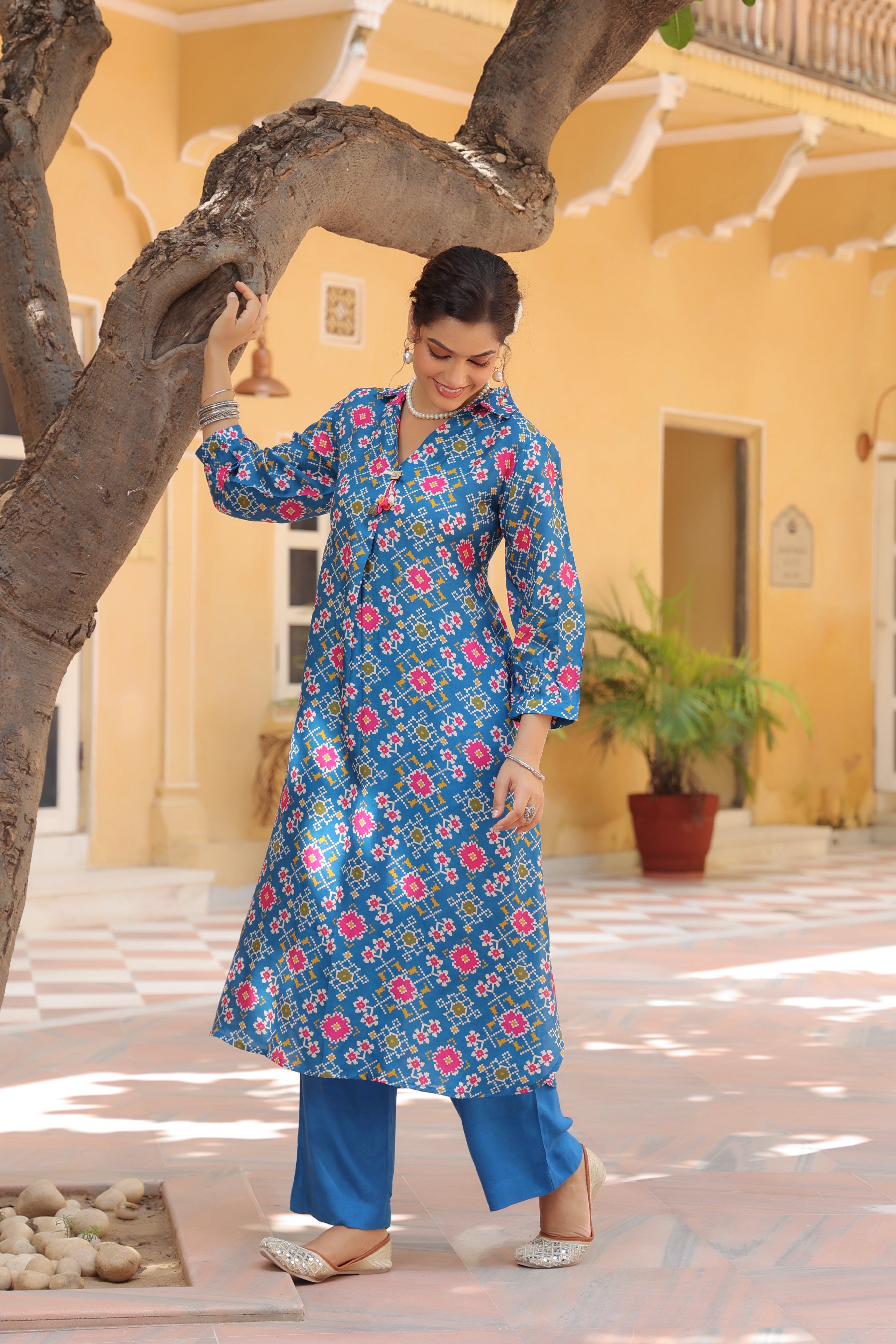 Printed Shirt Collar Tunic With Trouser