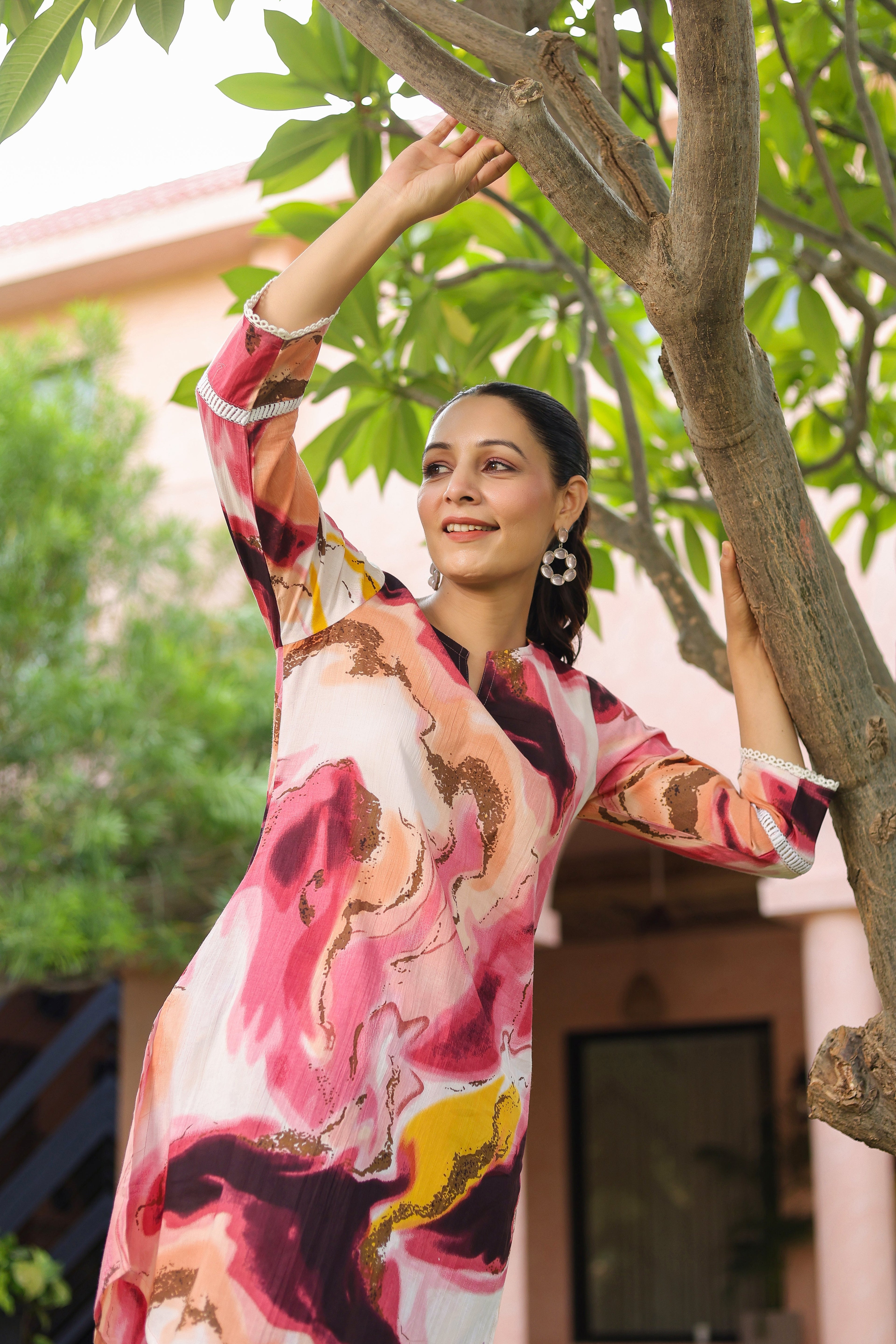 Printed Round Neck Tunic With Trousers Co-Ords