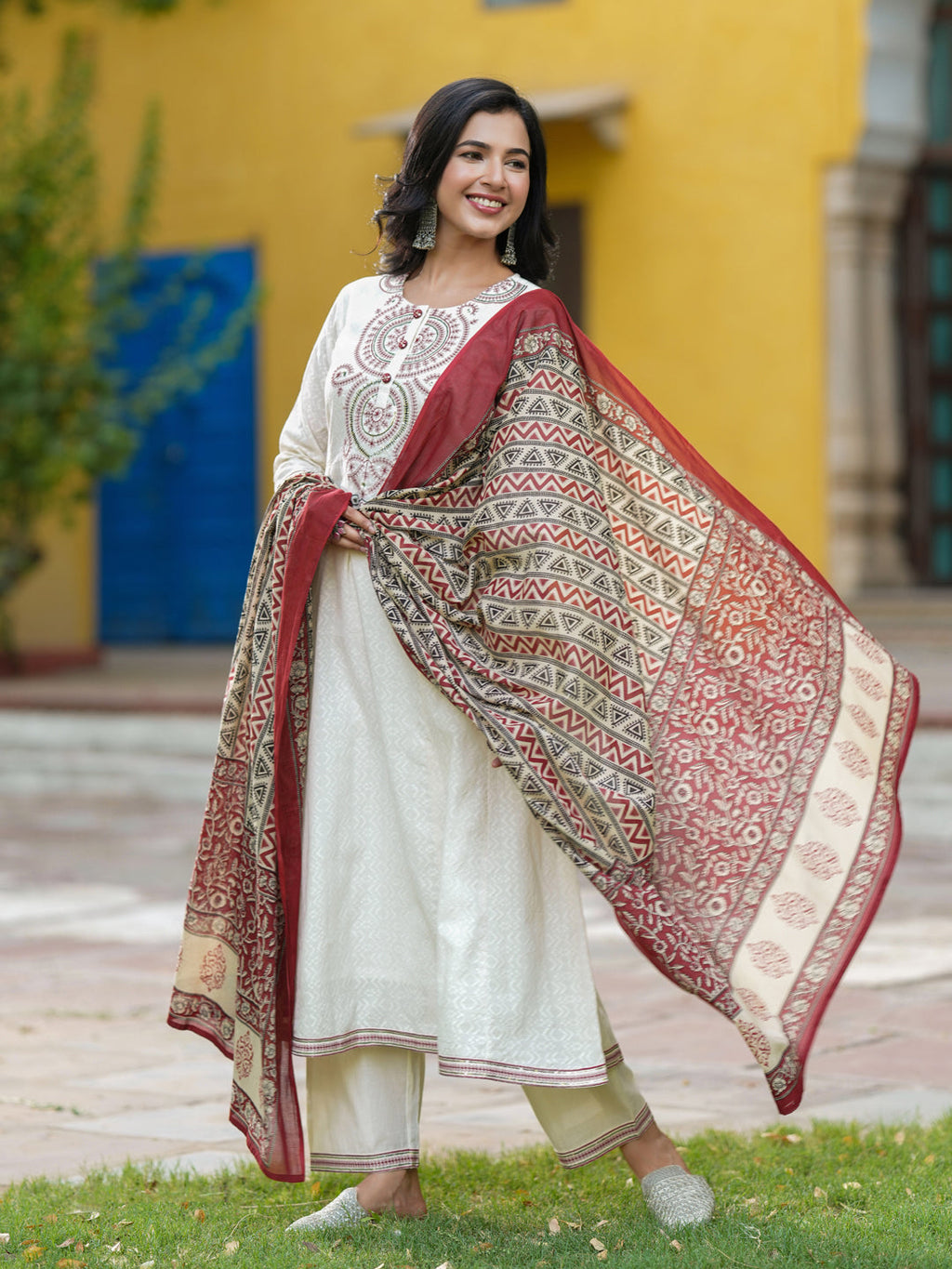 Women Embroidered Regular Sequinned Cotton Kurta with Trousers & Dupatta
