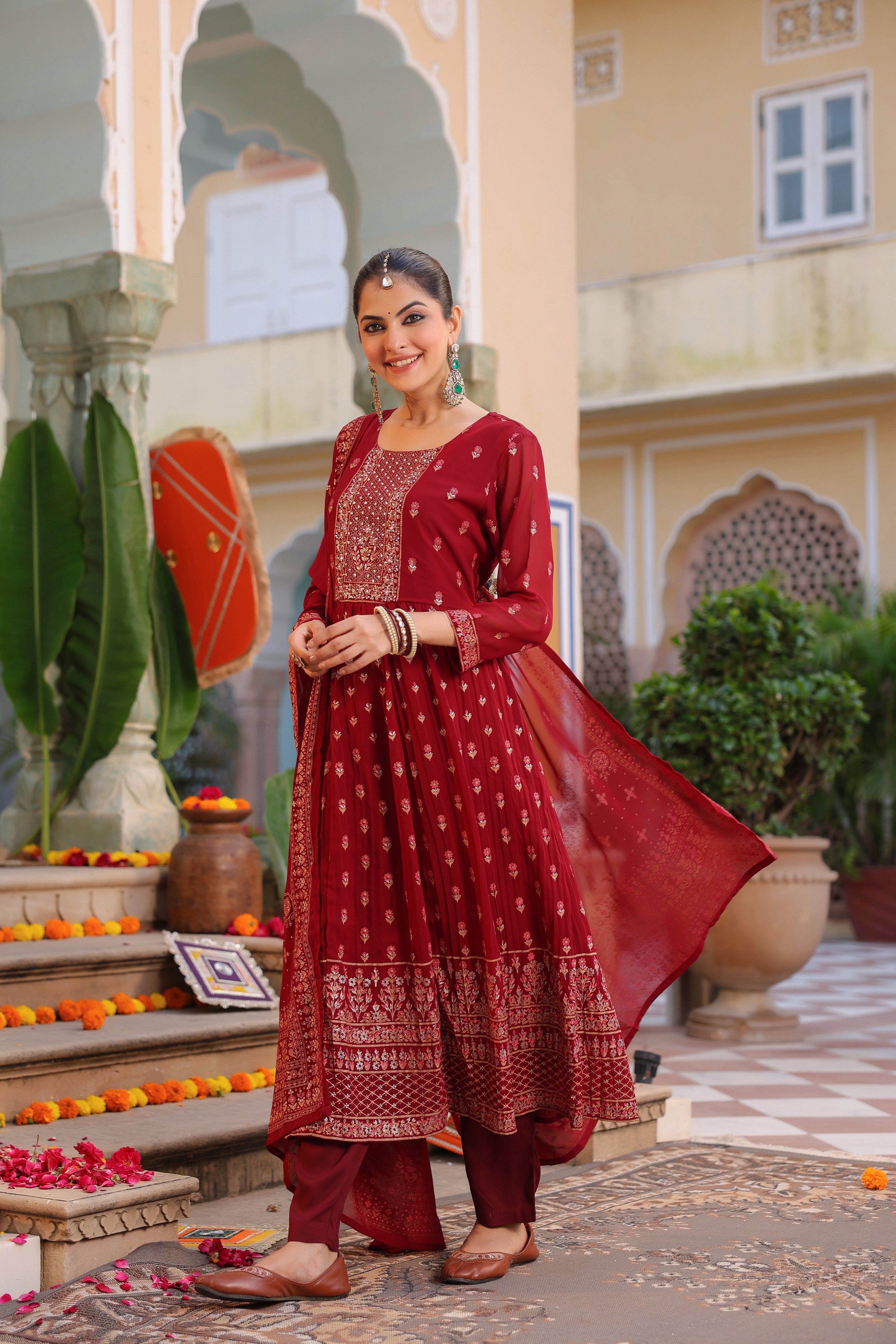 Floral Printed Thread Work Georgette Kurta With Trousers & Dupatta
