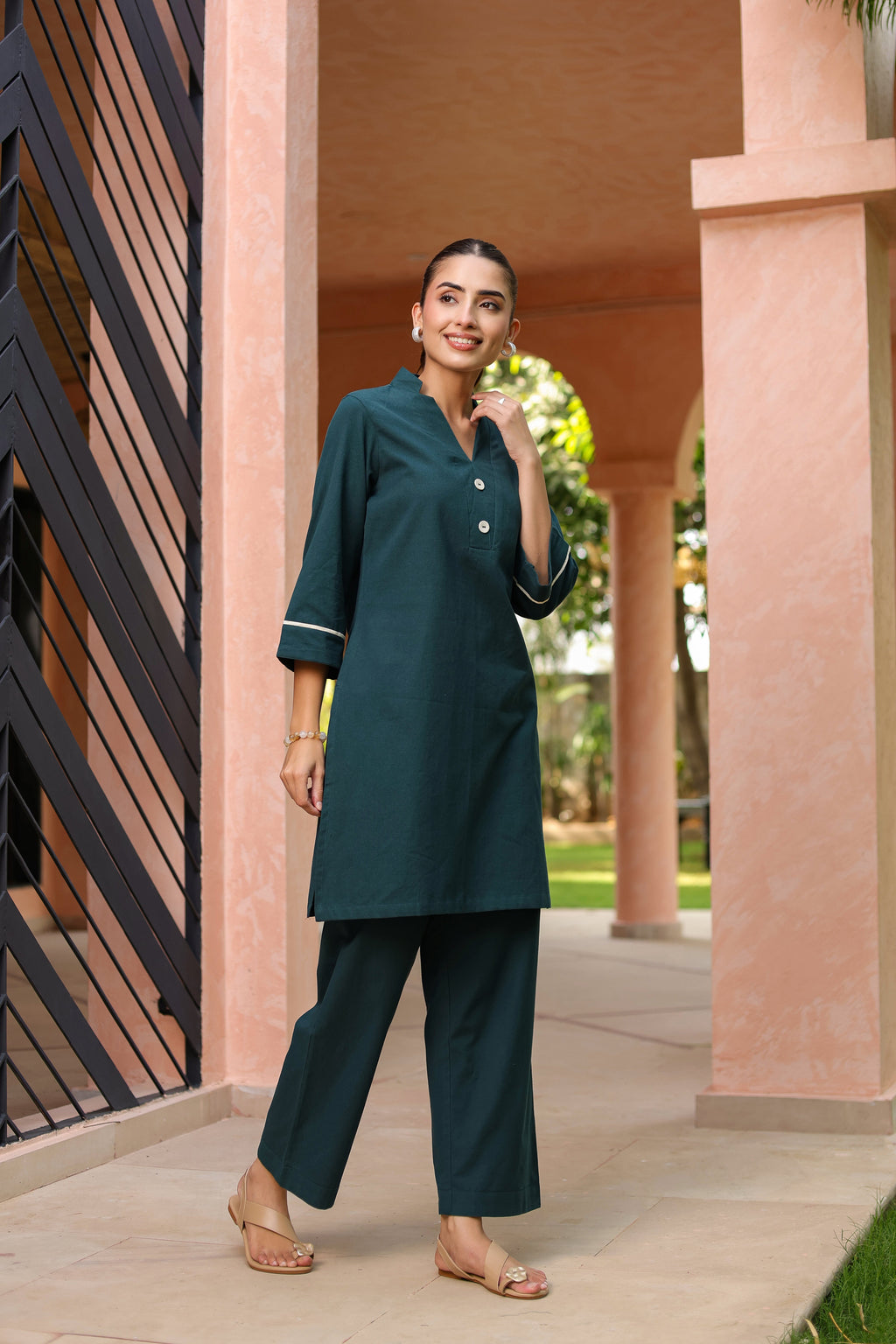 V-Neck Pure Cotton Tunic With Trouser