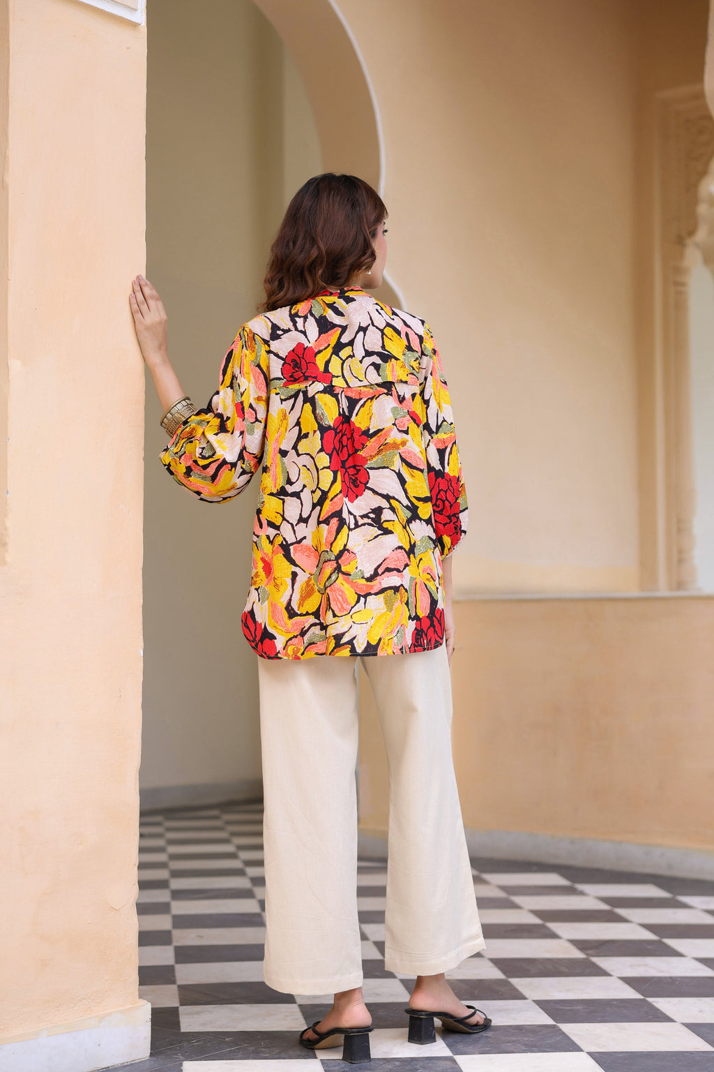 Printed Mandarin Collar Top & Trousers Co-Ords