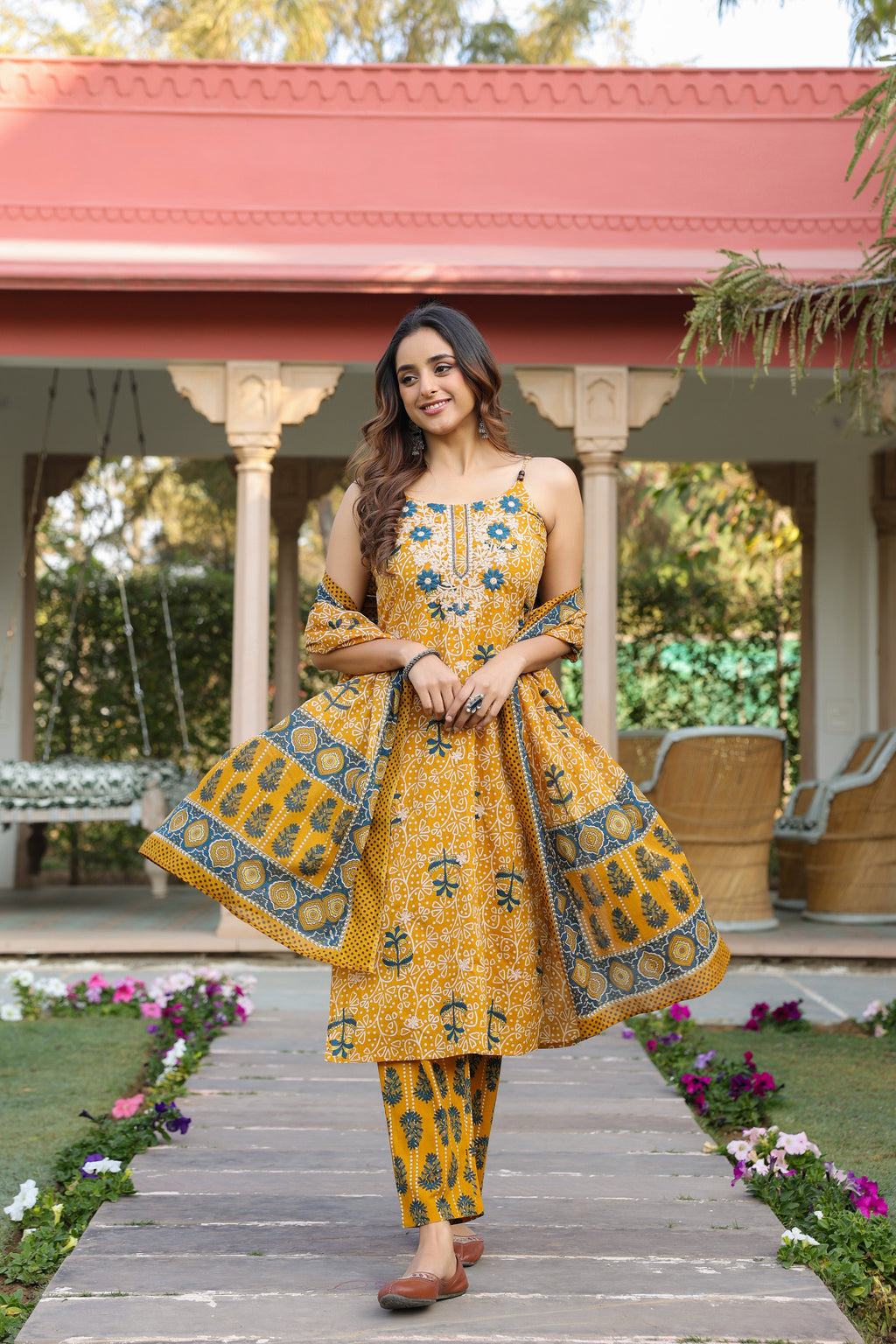Women Ethnic Motifs Printed Regular Beads and Stones Pure Cotton Kurta with Trousers & With Dupatta