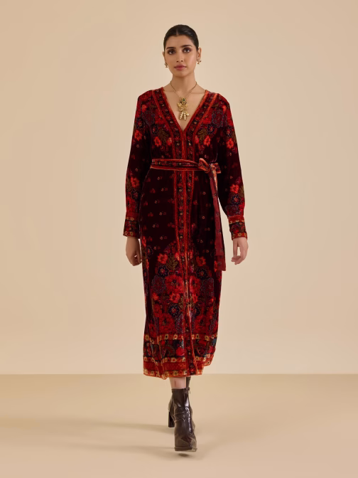 Wine Sasha Print Long Dress