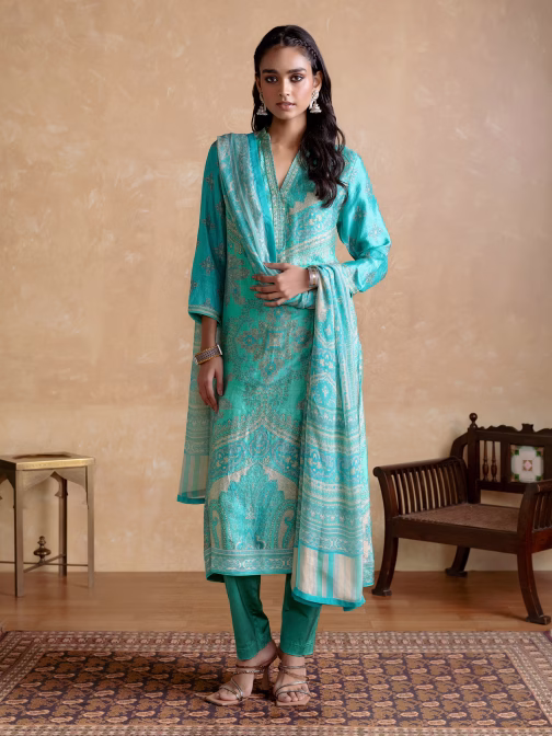 Aqua & Beige Vasu Suit Set