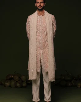 Ilesh peach front open kurta set with trouser and dupatta