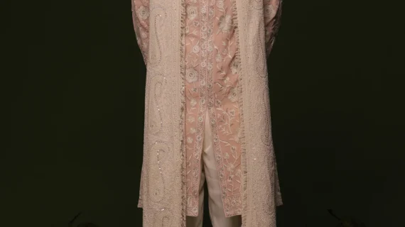 Ilesh peach front open kurta set with trouser and dupatta