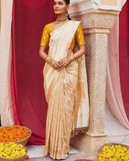 Priyasambad-Cream Banarasi Silk Saree