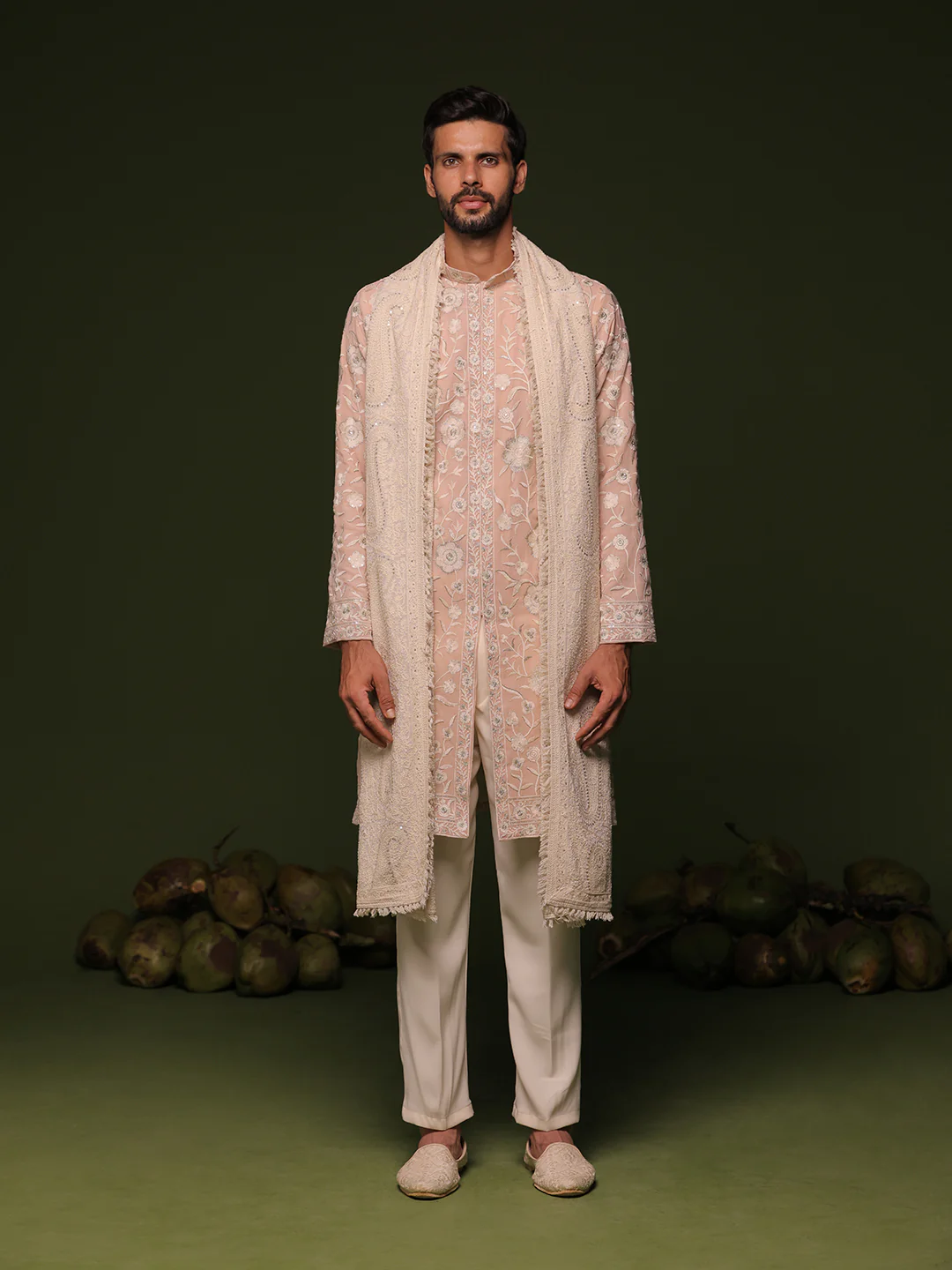 Ilesh peach front open kurta set with trouser and dupatta - Image 2