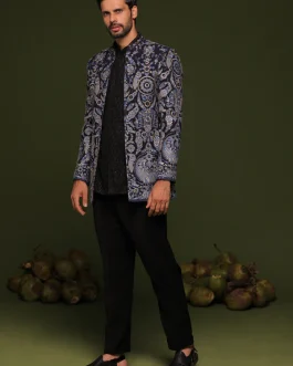 Raghunandan Black Jodhpuri set with short kurta and trouser